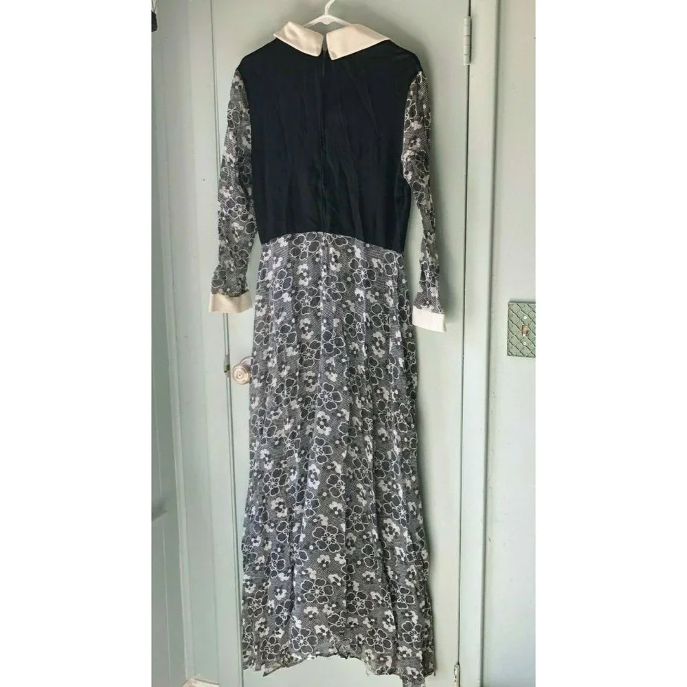 vintage maxi dress Black Floral White collar Mod sheer skirt romantic modest